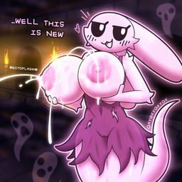 anthro areola bald big_breasts biped black_sclera blush blush_lines bodily_fluids breasts camel_toe clothed clothing dialogue ectoplasm emanata eyelashes female floating front_view fur glowing glowing_body heart_symbol holding_breast huge_breasts lactating long_ears monotone_body narrowed_eyes navel nipples open_mouth open_smile pink_body smile solo text torch tuft white_eyes oxyoxyoxyox marshmallow_(oxyoxyoxyox) ghost lagomorph leporid mammal rabbit spirit 1:1 2023 artist_name digital_drawing_(artwork) digital_media_(artwork) english_text hi_res