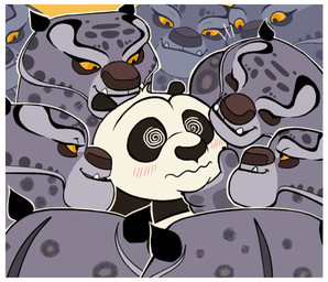 anthro blush border clone fur grey_body grey_fur group male male/male markings overwhelmed spiral spiral_eyes spots spotted_body spotted_fur underbite white_border nehezt dreamworks kung_fu_panda master_po_ping tai_lung_(kung_fu_panda) bear felid giant_panda mammal pantherine snow_leopard