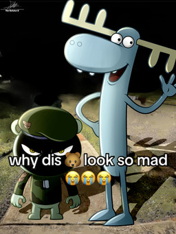 angry anthro antlers army_uniform beret blue_body clothing crying_emoji dog_tags duo emoji gesture green_body happy hat headgear headwear horn larger_male male night open_mouth open_smile photo_background shadowed_face size_difference smaller_male smile text waving yellow_eyes the-butcher-x happy_tree_friends why_dis_look_so_mad_(meme) flippy_(htf) lumpy_(htf) bear deer mammal moose new_world_deer 2024 absurd_res english_text hi_res meme photography_(artwork)