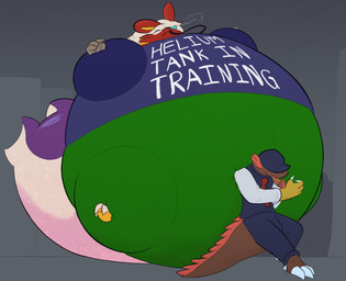 air_inflation belly big_belly blue_clothing blue_sclera blue_shirt blue_t-shirt blue_topwear bottomwear cigar cigar_in_mouth clothing green_bottomwear green_clothing green_pants grey_background hose hose_inflation huge_belly hyper hyper_belly inflation object_in_mouth pants shirt simple_background t-shirt text text_on_clothing text_on_topwear topwear areoants nintendo pokemon blaziken generation_3_pokemon pokemon_(species) 2025 hi_res