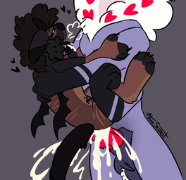 anthro balls bodily_fluids claws cum cum_in_mouth cum_in_vagina cum_inside curly_hair duo ejaculation excessive_cum excessive_genital_fluids fur genital_fluids genitals hair heart_symbol horn hug looking_pleasured male male/male moan multi_limb paws penetration penile penile_penetration penis penis_in_vagina pubes size_difference stretch_marks tattoo vaginal vaginal_penetration wings atlasserpent hazbin_hotel hellaverse valentino_(hazbin_hotel) x_(atlasserpent) arthropod canid canine canis demon domestic_dog insect lepidopteran mammal moth succubus hi_res trans_(lore) trans_man_(lore)