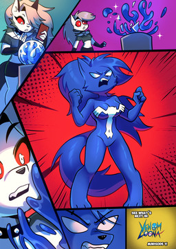 blue_body cellphone duo electronics fangs female phone red_eyes simple_background teeth white_eyes kato777 hellaverse helluva_boss marvel mythology loona_(helluva_boss) venom_(marvel) canid canid_demon canine demon hellhound mammal mythological_canine mythological_creature absurd_res comic crossover hi_res