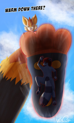 anthro bodily_fluids claws dialogue duo feet female foot_fetish foot_focus male male/female paws soles speech_bubble steam stomping sweat sweaty_feet teasing text toe_claws toes anthony444333 nintendo pokemon cinderace generation_8_pokemon mammal pokemon_(species) procyonid raccoon absurd_res english_text hi_res