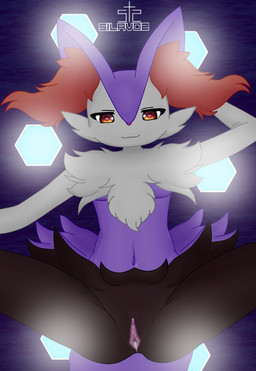 anthro black_body black_fur bodily_fluids clitoris cum cum_in_vagina cum_inside female fur genital_fluids genitals looking_at_viewer navel purple_body purple_fur smile solo spread_legs spreading text vulva white_body white_fur silavos nintendo pokemon braixen canid canine generation_6_pokemon mammal pokemon_(species) shiny_pokemon archived_source hi_res watermark