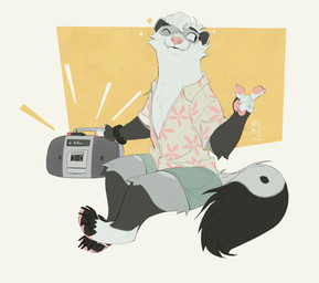 abstract_background accessory anthro beads black_body black_eyes black_fur bottomwear claws clothed clothed_anthro clothed_male clothing curly_hair electronics finger_gun floral_print floral_shirt fur gesture green_bottomwear green_clothing green_shorts grey_body grey_fur grey_inner_ear hair hand_gesture looking_aside male multicolored_body multicolored_fur one_eye_closed pawpads pink_nose pink_pawpads radio shirt shorts solo sparkles tail teeth topwear two_tone_tail wink remulle_(artist) fetti_(fettuccine) domestic_ferret mammal mustelid musteline true_musteline weasel 2026 absurd_res hi_res signature