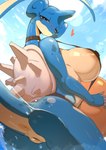 2024 anthro anus areola ashraely big_breasts blue_body breasts butt female generation_1_pokemon genitals half-closed_eyes heart_symbol hi_res huge_breasts lapras looking_at_viewer looking_back looking_down narrowed_eyes nintendo nipples pokemon pokemon_(species) pussy shell solo tail tan_areola tan_body