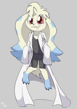 1_horn anthro biped black_bottomwear black_clothing black_nose black_shirt black_shorts black_topwear bottomwear claws clothed clothing coat dipstick_ears ear_markings floating floppy_ears front_view fur grey_markings head_tuft horn lab_coat leg_markings long_ears looking_at_viewer lop_ears male markings multicolored_ears name_tag oversized_clothing oversized_topwear shirt shorts simple_background snaggle_tooth socks_(marking) solo tan_body tan_fur toe_claws topwear tuft fuf bandai_namco digimon digimon_(species) terriermon 2019 hi_res
