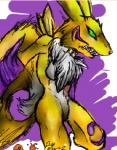 angry anthro anthrofied bandai_namco breasts canid canine charmander crossover digimon digimon_(species) eeveelution facial_markings female fire fur generation_1_pokemon green_eyes head_markings hybrid iris-sempi jolteon low_res mammal markings neck_tuft nintendo pokemon pokemon_(species) pokemorph purple_background renamon simple_background solo tail teeth tuft yellow_body yellow_fur