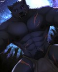 abdominal_scar abs anthro arm_scar biceps black_body black_fur black_hair black_sclera bottomwear brown_bottomwear brown_clothing brown_loincloth bulge chest_scar clothed clothing first_person_view forest fur hair leg_scar licking licking_lips loincloth loincloth_only looking_at_viewer looking_down looking_down_at_viewer low-angle_view male moon muscular muscular_anthro muscular_male navel night nipples pecs plant pubes purple_eyes scar sky solo star starry_sky tongue tongue_out topless tree nnknwnn_(artist) elden_ring fromsoftware blaidd_(elden_ring) canid canine canis mammal wolf 2023 4:5 absurd_res artist_name hi_res