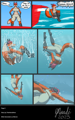 4_toes 5_fingers aircraft airplane anthro barefoot black_nose bloomers bottomwear breasts butt camisole cannonball_dive clothed clothed_anthro clothed_female clothing dialogue diving feet female fingers frilly frilly_bloomers frilly_bottomwear frilly_clothing fur hair hindpaw humanoid_hands jumping leg_markings markings multicolored_body multicolored_fur paws pilot_uniform pink_hair red_body red_fur sea seaplane socks_(marking) solo speech_bubble standing swimming tail text toes two_tone_body two_tone_fur underwater vehicle water white_bloomers white_body white_fur strikersa billie_sorenstein canid canine fox mammal 2025 colored comic english_text hi_res signature