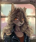 anthro canid canine canis clothing facial_piercing female jacket leather leather_clothing leather_jacket leather_topwear mammal nose_piercing nose_ring piercing portrait ring_piercing septum_piercing septum_ring smile solo topwear welive wolf wyla_(character)