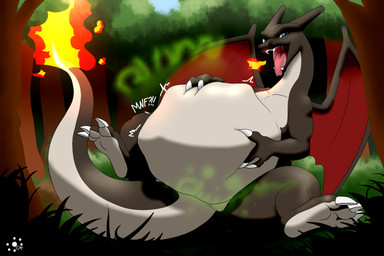 3_fingers 3_toes abdominal_bulge belly_rub blue_eyes burping_fire digestion digestion_noises feet female fingers membrane_(anatomy) membranous_wings muffled_speech onomatopoeia oral_vore solo sound_effects spread_legs spreading text toes vore wings centuremorrals nintendo pokemon charizard generation_1_pokemon pokemon_(species) shiny_pokemon 3:2