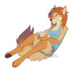 2015 ailuranthropy anthro beverage biped blue_eyes breasts canid canine canis cleavage clothed clothing coffee container coyote cup digitigrade female kohi_(waruikoohii) mammal sitting smile solo