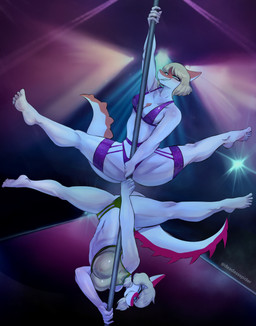 5_fingers 5_toes anthro blonde_hair blue_eyes breasts cleavage clothed clothing dancing duo eyeliner feet female fingers garter_straps green_eyes grin hair humanoid_feet light lights makeup multicolored_body multicolored_scales navel nipples orange_body orange_scales panties plantigrade pole pole_dancing ponytail red_body red_scales scales smile spiked_tail spikes spikes_(anatomy) spread_legs spreading stripper_pole tail toes translucent translucent_clothing two_tone_body two_tone_scales underwear upside_down white_body white_scales deadassspider cavemanon_studios goodbye_volcano_high i_wani_hug_that_gator ko_op_(game_developer) snoot_game mia_moretti naomi_(gvh) dinosaur hadrosaurid ornithischian ornithopod parasaurolophus prehistoric_species reptile scalie absurd_res hi_res lighting sibling_(lore) sister_(lore) sisters_(lore)