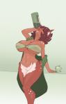 alcohol beverage big_breasts blush bottle bottomless breasts brown_hair cleavage clothed clothing container drinking eyes_closed female hair holding_bottle holding_container holding_object huge_breasts skimpy solo under_boob limebreaker towergirls faun_princess satyr_princess faun satyr 2016 digital_media_(artwork) hi_res