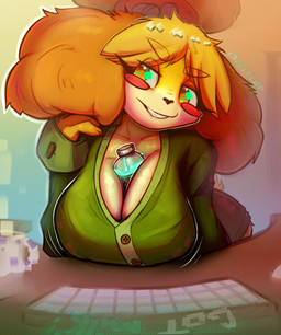 anthro between_breasts big_breasts blonde_hair blush blush_stickers bottomwear breasts clothed clothing dialogue eyelashes female fur glowing glowing_eyes hair huge_breasts lips long_eyelashes milk skirt smile solo stretch_marks text yellow_body yellow_fur mistleinn animal_crossing nintendo isabelle_(animal_crossing) canid canine canis domestic_dog mammal shih_tzu toy_dog english_text hi_res