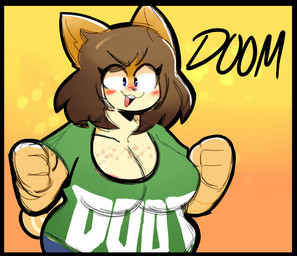 anthro areola areola_slip big_breasts blue_eyes blush blush_lines breasts brown_hair cleavage clothed clothing collarbone countershade_face countershade_torso countershading eye_through_hair eyebrow_through_hair eyebrows eyelashes eyelashes_through_hair female freckled_breasts freckles fur green_clothing green_shirt green_t-shirt green_topwear hair logo_parody open_mouth open_smile pink_areola shirt slightly_chubby slightly_chubby_anthro slightly_chubby_female smile solo t-shirt tail tan_body tan_fur teeth tooth_gap topwear translucent translucent_hair heyomaerow doom_(series) id_software microsoft june_(jinu) canid canine canis domestic_dog mammal shiba_inu spitz 2025 absurd_res digital_drawing_(artwork) digital_media_(artwork) english_description half-length_portrait hi_res portrait
