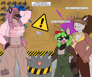 anthro bottomwear breasts clothed clothing dialogue dreadlocks dummy eyes_closed female fur group hair hat headgear headwear jacket laugh male multi_tail open_mouth overalls pants piercing shirt silly smile tail text topwear trio berk_rider canid canine fox hyena mammal procyonid raccoon 2026 6:5 absurd_res english_text hi_res