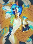 anthro black_nose blue_hair fur hair looking_at_viewer male markings nude open_mouth orange_body orange_fur smile solo standing teeth tongue wide_hips angiewolf kisuki canid canine fox mammal 2019 digital_media_(artwork)