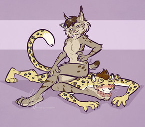 anthro blush breasts duo feet female male male/female pawpads paws pink_pawpads sitting sitting_on_another sitting_on_back nicnak044 ash_(ashkelling) nicole_(nicnak044) canada_lynx felid feline felis leopard lynx mammal pantherine