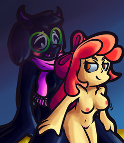 age_difference anthro bedroom_eyes blush bouncing_breasts breasts duo female male male/female narrowed_eyes older_male seductive younger_female qwertyjack deltarune friendship_is_magic hasbro my_little_pony undertale_(series) apple_bloom_(mlp) ralsei bovid caprine darkner goat mammal crossover hi_res