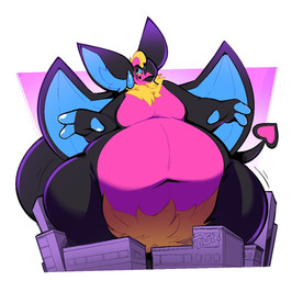 anthro belly big_belly black_body black_fur blonde_mane blue_horn building crotch_tuft curved_horn eyeliner fingers fur growth hooved_fingers hooves horn huge_belly huge_ears macro makeup male mane membrane_(anatomy) membranous_wings moobs navel obese obese_anthro obese_male overweight overweight_anthro overweight_male purple_body purple_fur red_eyes skyscraper smile snout snout_growth solo text tuft wide_hips wings boot_(artist) boot_(character) bat bovid caprine goat mammal unknown_species 2023 colored digital_media_(artwork) english_text shaded