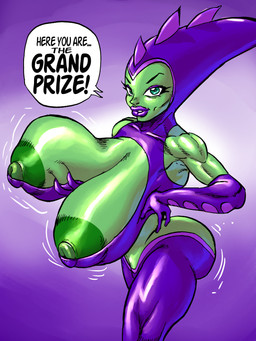 areola big_breasts big_butt breasts butt clothed clothing erect_nipples female green_body green_eyes green_skin holding_breast huge_breasts lips lipstick looking_at_viewer makeup nipples skimpy smile solo text thick_lips goudadunn ratchet_and_clank sony_corporation sony_interactive_entertainment starlene alien absurd_res english_text hi_res