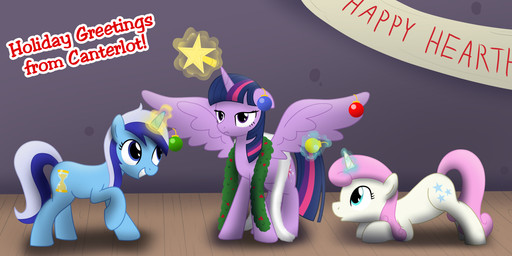annoyed banner blue_body blue_eyes christmas_decorations cutie_mark feathered_wings feathers female feral floor group hair horn magic multicolored_hair pink_hair purple_body purple_eyes smile text trio two_tone_hair white_body wings wood wood_floor mightyshockwave friendship_is_magic hasbro my_little_pony mythology minuette_(mlp) twilight_sparkle_(mlp) twinkleshine_(mlp) equid equine mammal mythological_creature mythological_equine winged_unicorn 2:1 absurd_res english_text hi_res