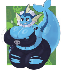 alternative_fashion anthro anthrofied belly big_breasts big_tail blue_body blush blush_lines bodily_fluids breasts cleavage clenched_teeth clothed clothing eyeshadow female goth huge_breasts huge_thighs makeup navel navel_piercing overweight overweight_anthro overweight_female piercing red_eyes sharp_teeth slightly_chubby slightly_chubby_anthro slightly_chubby_female solo sweat sweatdrop tail teeth thick_thighs topwear torn_clothing torn_topwear inazuma_kat nintendo pokemon eeveelution generation_1_pokemon pokemon_(species) vaporeon hi_res