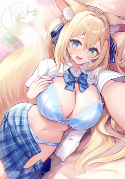 accessory big_breasts blonde_hair blue_eyes blush bodily_fluids bottomwear bow_bra bow_panties bow_tie bow_underwear bra breasts cleavage clothed clothing dutch_angle ears_down eyebrows eyelashes female flesh_fang hair hair_accessory hairclip inner_ear_fluff lying navel on_side open_clothing open_shirt open_topwear panties partially_clothed pigtails pivoted_ears selfie shirt skirt solo sweat sweatdrop tail topwear tuft underwear sakura_ani animal_humanoid canid canid_humanoid canine canine_humanoid fox_humanoid humanoid mammal mammal_humanoid 2026 hi_res