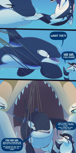 bdsm bite black_body black_fin blue_eyes bondage bound dialogue dorsal_fin female feral fin group laugh male mouth_shot open_mouth speech_bubble tail tail_bite tail_in_mouth talking_feral text trio vore dolphinproject aquatic cetacean dolphin mammal oceanic_dolphin orca toothed_whale 2026 absurd_res comic english_text hi_res