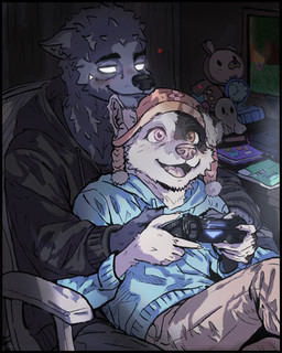 anthro black_body black_fur clothing computer controller electronics fur game_controller gaming heart_symbol heterochromia laptop lockne_(lockne) male male/male night picture_frame playing_video_game plushie sitting teddy_bear white_body white_eyes white_fur kamihzz kami_(kamihzz) canid canine canis domestic_dog mammal wolf 4:5 absurd_res hi_res