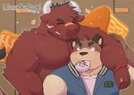 anthro brown_body brown_fur duo eating eyes_closed food fur holidays humanoid_hands kemono male overweight overweight_male green_bell chinese_new_year chinese_zodiac new_year year_of_the_ox bovid bovine canid canine cattle mammal raccoon_dog tanuki 2021 hi_res