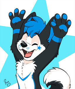 anthro arm_tuft black_body black_fur black_tail blue_hair blue_markings blue_pawpads cheek_tuft cheering chest_tuft elbow_tuft eyes_closed facial_markings facial_tuft fangs fingerpads fur hair happy head_markings logo male markings nude open_mouth open_smile pattern_background pawpads short_hair simple_background smile solo star-shaped_background star_(marking) star_polygon tail teeth tuft white_body white_fur white_tail young young_anthro young_male pandapaco canid canine mammal artist_logo half-length_portrait portrait signature