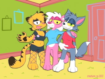anthro arm_around_shoulders bottomless clothed clothing collar crossgender eyeshadow female fishnet_clothing fishnet_legwear fur gesture glistening_eyelids grey_body grey_fur grin group hair hand_gesture hoodie leg_markings legwear lgbt_pride long_hair makeup markings mtf_crossgender open_mouth orange_body orange_fur pawpads pink_body pink_fur pride_colors simple_background slightly_chubby smile socks_(marking) standing studded_collar studs text toothy_grin topwear transgender_pride_colors trio v_sign yellow_sclera creature_sp garfield_(series) metro-goldwyn-mayer tom_and_jerry garfield_the_cat gothfield pink_panther thomas_cat domestic_cat felid feline felis mammal pantherine 4:3 digital_media_(artwork) english_text hi_res trans_(lore) trans_woman_(lore)