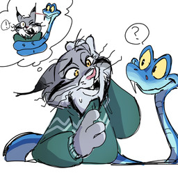 anthro blue_body blue_scales clothing duo feral fur grey_body grey_fur male scales simple_background smile sweater topwear yellow_eyes pino2525 disney zootopia gary_de'snake pawbert_lynxley canada_lynx felid feline lynx mammal pit_viper reptile scalie snake viper 1:1 hi_res