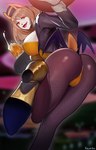 alcohol amber_eyes anthro areola areola_slip beer beer_mug beverage big_breasts black_nose blonde_hair blurred_background breasts butt camel_toe clothing eyebrow_through_hair eyebrows eyelashes fangs female fishnet_clothing fishnet_legwear footwear hair hat headgear headwear high_heels holding_tray jacket legwear lingerie looking_at_viewer low-angle_view nipple_outline open_mouth open_smile pantyhose shoes short_hair smile solo teddy_(clothing) teeth topwear translucent translucent_hair waiter kambo canid canine mammal 2023 absurd_res hi_res