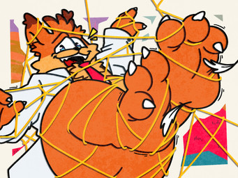 3_toes anthro black_nose brown_body brown_fur cheek_tuft chest_tuft claws clothing entangled facial_tuft feet finger_claws fur fur_tuft jacket loose_feather male motion_lines multicolored_body multicolored_fur necktie open_mouth open_smile orange_body orange_fur red_necktie red_tongue restrained smile solo teeth tickle_fetish tickle_torture tickling tickling_feet toe_claws toes tongue topwear tuft white_clothing white_jacket white_loose_feather white_topwear patugh bubsy_(series) bubsy_4d bubsy_bobcat bobcat felid feline lynx mammal 4:3 hi_res
