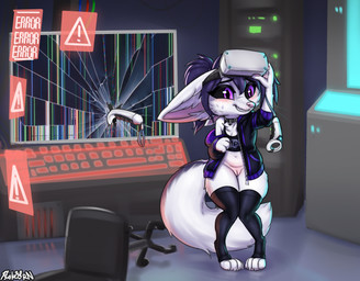 anthro big_ears black_sclera blush bottomless bottomless_female chair clothed clothing collar computer detailed_background electronics embarrassed feet female fingers fur furniture gaming genitals hair hoodie inside jacket keyboard legwear navel open_mouth partially_clothed paws purple_eyes science_fiction screen shirt shortstack solo standing tank_top technology thigh_highs topwear virtual_reality vr_headset vulva white_body white_fur wide_hips psakorn_tnoi adra_(tiddles) canid canine fennec_fox fox mammal true_fox digital_media_(artwork) hi_res signature