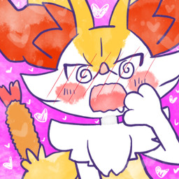 ambiguous_anthro ambiguous_gender anthro biped blush blush_lines blush_stickers blushing_profusely bodily_fluids drooling food front_view hand_on_face heart_symbol looking_at_viewer object_in_tail open_mouth saliva shrimp_(food) simple_background snout solo spiral spiral_pupils tail wavy_mouth annyui0611 nintendo pokemon braixen canid generation_6_pokemon mammal pokemon_(species) 1:1 2024 bust_portrait digital_drawing_(artwork) digital_media_(artwork) hi_res japanese_description portrait translated_description