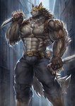 abs alley anthro arm_tuft barazoku belt bottomwear brown_body brown_fur building chest_harness clothed clothing dog_tags elbow_tuft fluffy fluffy_tail fur glowing glowing_eyes harness holding_melee_weapon holding_object holding_weapon knife male melee_weapon muscular muscular_anthro muscular_male neck_tuft pants pecs pouch_(clothing) pouches smile solo tail teeth topless torn_bottomwear torn_clothing torn_pants tuft tusks vein veiny_arms weapon yukihoshiak mythology canid canine canis mammal mythological_canine mythological_creature werecanid werecanine werecreature werewolf wolf 2023 absurd_res digital_media_(artwork) hi_res