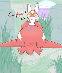 >///< anus blush blush_lines female feral genitals glistening glistening_genitalia glistening_vulva grass looking_at_viewer open_mouth outside plant presenting presenting_anus presenting_vulva sidewalk solo talking_to_viewer text vulva yellow_eyes glacefrostbite nintendo pokemon pokemon_unite generation_3_pokemon latias legendary_pokemon pokemon_(species) absurd_res hi_res