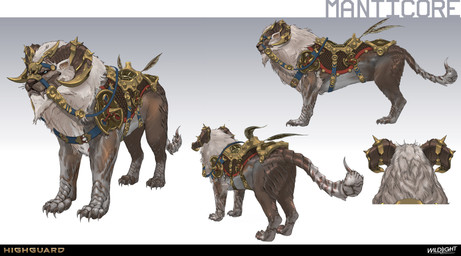 2_horns ambiguous_feral ambiguous_gender belly black_nose blue_eyes brown_body brown_claws brown_fur brown_horn brown_tail claws company_name curled_horn feral fur gradient_background grey_belly grey_body grey_fur grey_tail grey_teeth gums horn horn_jewelry jewelry light mane multicolored_body multicolored_claws multicolored_fur multicolored_tail paws pink_gums quadruped reins saddle sharp_teeth simple_background solo standing stinger tail teeth text toe_claws turnaround white_mane nicholas_patrick_kelana highguard_(game) iranian_mythology middle_eastern_mythology mythology felid mammal manticore 2026 absurd_res colored concept_art digital_drawing_(artwork) digital_media_(artwork) english_description english_text hi_res lighting official_art shaded