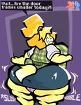 anthro big_breasts big_butt blonde_hair blue_bottomwear blue_clothing blue_skirt bottomwear breasts butt cardigan clothed clothing dialogue female fur green_clothing green_topwear green_vest hair huge_breasts huge_butt interrobang obese obese_anthro obese_female open_mouth overweight overweight_anthro overweight_female panties pink_clothing pink_panties pink_underwear rear_view skirt solo sound_effects speech_bubble stuck tail text thick_thighs topwear underwear vest yellow_body yellow_fur yellow_tail thefoxsista animal_crossing nintendo isabelle_(animal_crossing) canid canine canis domestic_dog mammal shih_tzu toy_dog 2023 english_text