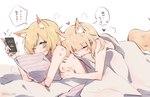 bed bed_sheet bedding blonde_hair blue_eyes breasts bruised cellphone duo electronics female fluffy fluffy_tail fur furniture hair hand_on_breast heart_symbol holding_object inner_ear_fluff one_eye_closed phone pillow scratches smile speech_bubble tail text tuft white_body white_fur kyou_039 arknights hypergryph studio_montagne blemishine_(arknights) whislash_(arknights) animal_humanoid equid equid_humanoid equine equine_humanoid humanoid mammal mammal_humanoid 2021 hi_res japanese_text aunt_(lore) aunt_and_niece_(lore) incest_(lore) niece_(lore) sibling_(lore) sister_(lore) sisters_(lore)