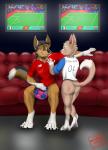 anthro ball bottomless butt clothed clothing croatia croatian_flag duo france french_flag male male/male mascot shirt soccer soccer_ball sport text text_on_clothing text_on_shirt text_on_topwear topwear world_cup smartwhitefang fifa zabivaka canid canine canis coyote mammal wolf absurd_res digital_media_(artwork) english_text hi_res shaded