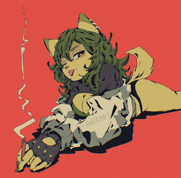 anthro anthrofied black_clothing black_gloves black_handwear black_panties black_topwear black_underwear breasts butt cigarette cleavage clothed clothed_anthro clothed_female clothing colored_nails crop_top dark_hair drugs ear_piercing ear_ring female fingerless_gloves fingers fur gloves green_body green_clothing green_fur green_hair green_nails green_shirt green_topwear grey_clothing grey_jacket grey_topwear hair handwear holding_cigarette holding_object jacket long_hair looking_aside looking_at_viewer lying marijuana marijuana_blunt nails on_front one_eye_closed one_eye_half-closed panties piercing pink_nose pokemorph raised_tail red_background red_eyes ring_piercing shadow shirt simple_background smile smoke smoking smoking_marijuana solo stoned streetwear substance_intoxication tail tired_eyes tongue tongue_out topwear underwear ashleyloob nintendo pokemon felid feline floragato generation_9_pokemon mammal pokemon_(species) signature