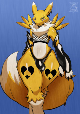 anthro armwear balls_outline big_bulge blue_background bulge claws clothing crop_top curvy_figure detailed_bulge ear_piercing ear_ring eyebrow_piercing facial_piercing femboy fishnet_clothing fishnet_topwear front_view fur genital_outline heart_(marking) latex latex_armwear latex_clothing latex_thong latex_underwear looking_at_viewer male markings narrowed_eyes navel piercing ring_piercing shirt simple_background smile solo standing thick_thighs thong tight_underwear topwear tuft underwear walking wide_hips draeusz bandai_namco digimon canid digimon_(species) mammal renamon 2025 hi_res watermark