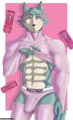 abs anthro biceps biped blush brown_nose bulge claws clothed clothing clothing_lift colored_nails detailed_bulge embarrassed eye_scar eyebrows facial_scar front_view fur grey_body grey_eyes grey_fur grey_nails legwear male male_anthro muscular muscular_male nails pink_clothing pink_stockings scar shy simple_background solo standing stockings tail grandpaman beastars monster_energy legoshi_(beastars) canid canine canis mammal wolf digital_media_(artwork) hi_res