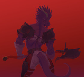 anthro armor axe butt clothed clothing feathers guisarme hair halberd horn looking_at_viewer looking_back male melee_weapon muscular muscular_anthro muscular_male partially_clothed polearm presenting purple_body purple_hair purple_skin simple_background smile smirk solo spread_legs spreading tail topless underwear weapon pheel mythology orion_(pheel) dragon mythological_creature mythological_scalie scalie hi_res